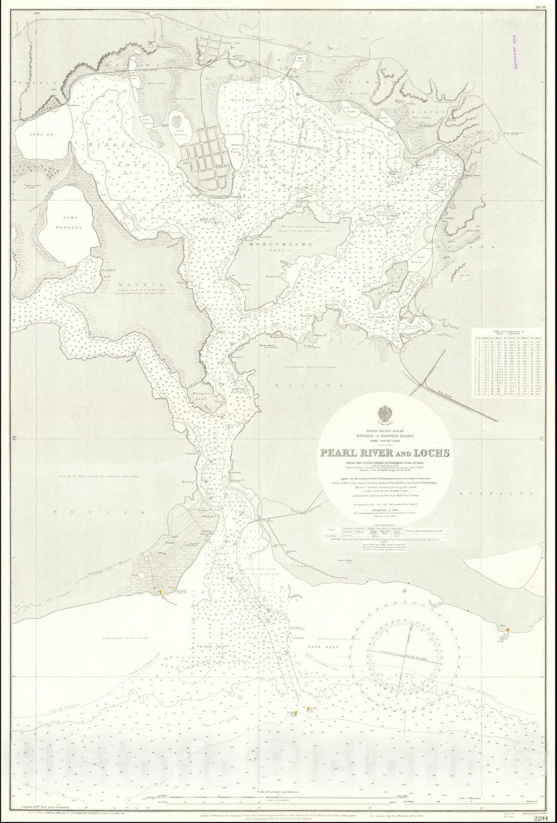 Historic Map : Pearl Harbor,Pearl River and Lochs From The United States Government Plan of 1899, 1901 (1920), Vintage Wall Art