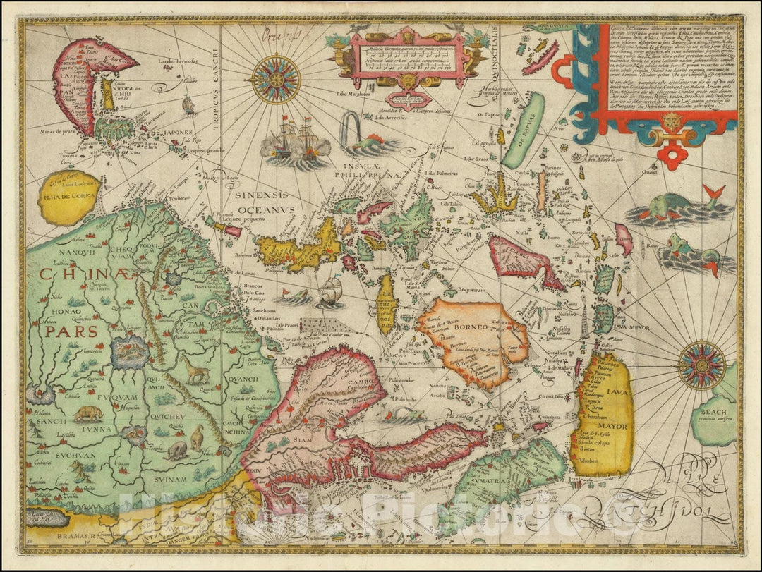 Historic Map : Exacta & Accurata Delineatio cum Orarum Maritimarum tum etjam locorum terrestrium quae in Regionibus China, Cauchinchina, Camboja sive Champa, Syao, Malacca, Arracan & Pegu,  1596, Vintage Wall Art