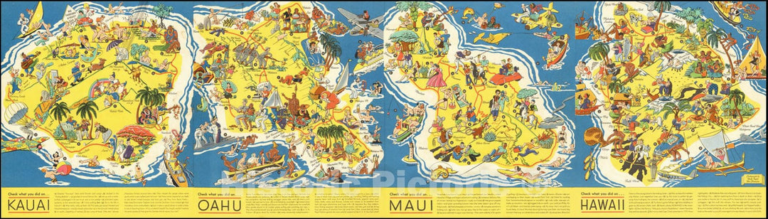 Historic Map : Sun Fun! In Hawaii... Check what you did on... Kauai... Oahi... Maui... Hawaii, 1937 v2, Vintage Wall Art