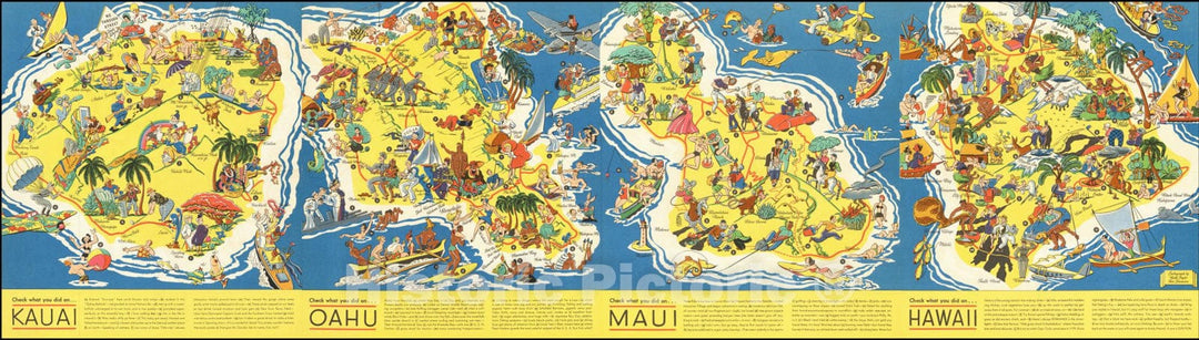 Historic Map : Sun Fun! In Hawaii... Check what you did on... Kauai... Oahi... Maui... Hawaii, 1937 v1, Vintage Wall Art