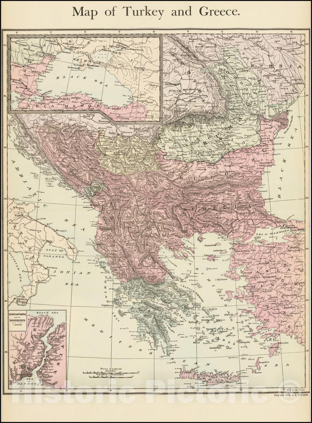 Historic Map : Turkey and Greece, 1876, Vintage Wall Art