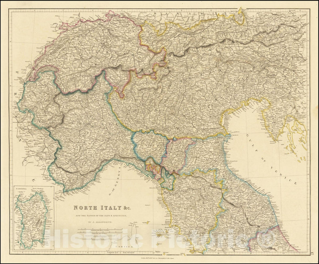 Historic Map : Italy Northern Part &c.and the Passes of the Alps & Apennines, 1842, Vintage Wall Art