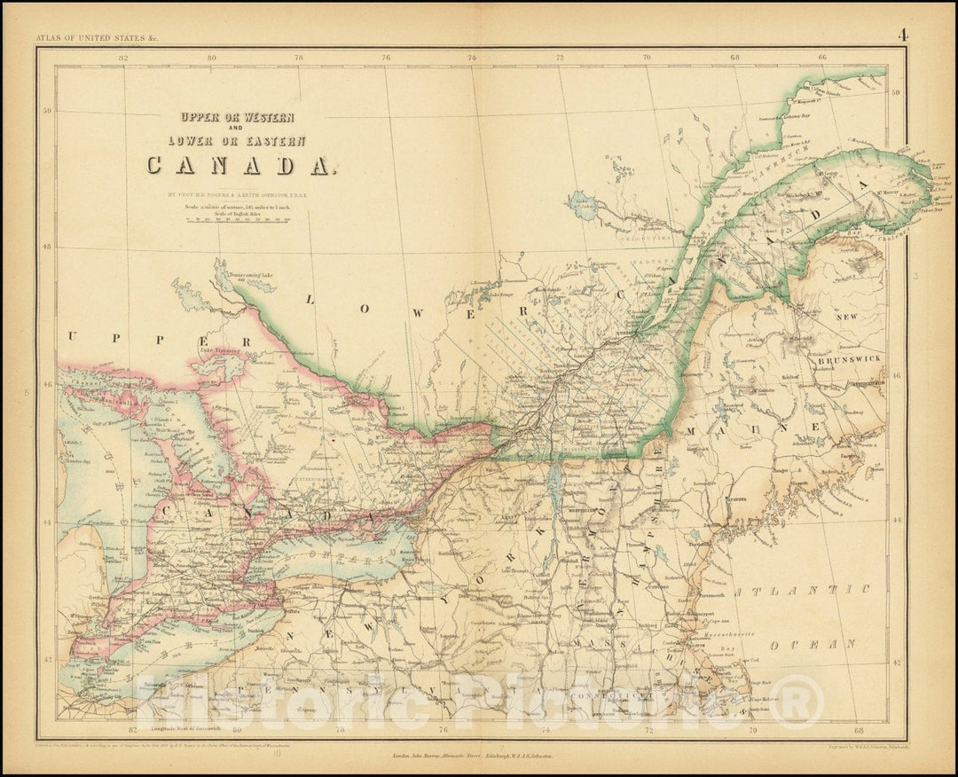 Historic Map : Upper or Western and Lower or Eastern Canada, 1857, Vintage Wall Art