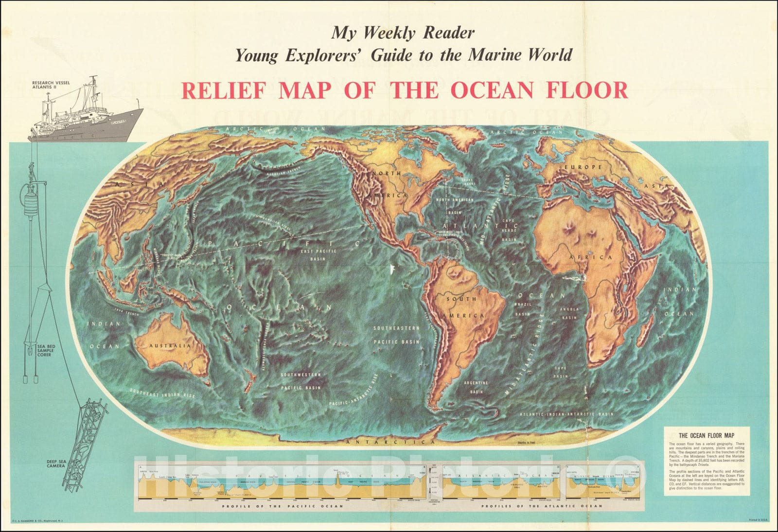 Historic Map : Relief Ocean Floor ,Chart of the Marine World, 1960, Vintage Wall Art