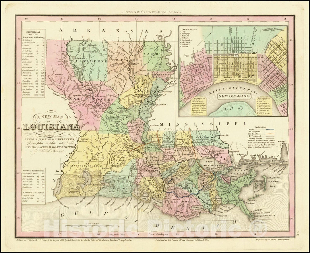 Historic Map : A New Louisiana with its Canals, Roads & Distances.H.S. Tanner., inset New Orleans, 1839, Vintage Wall Art