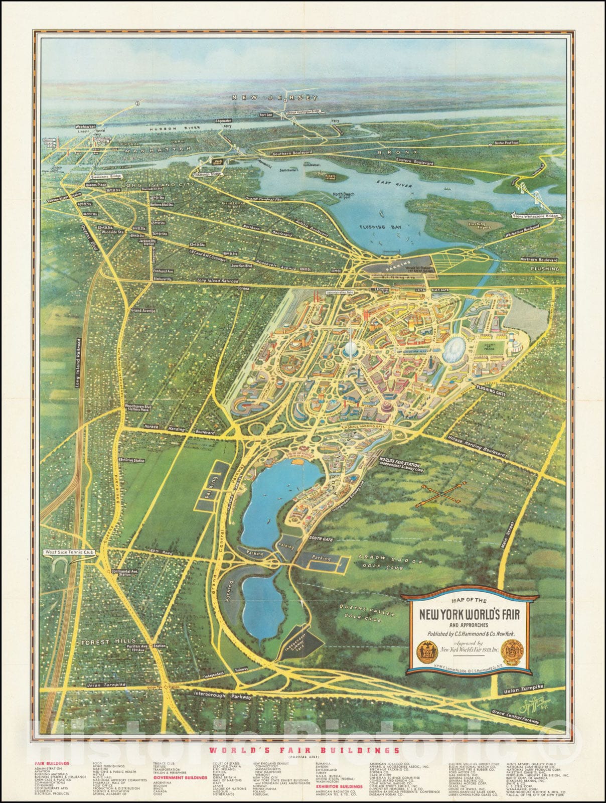 Historic Map : New York World's Fair and Approaches,Approved by New York World's Fair 1939, Rapid Transit Greater New York. Text: List of sights and skyscrapers, 1939, Vintage Wall Art