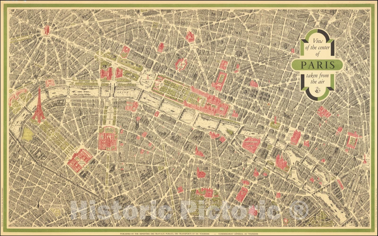 Historic Map : View of the center of Paris taken from the air, 1950, Vintage Wall Art