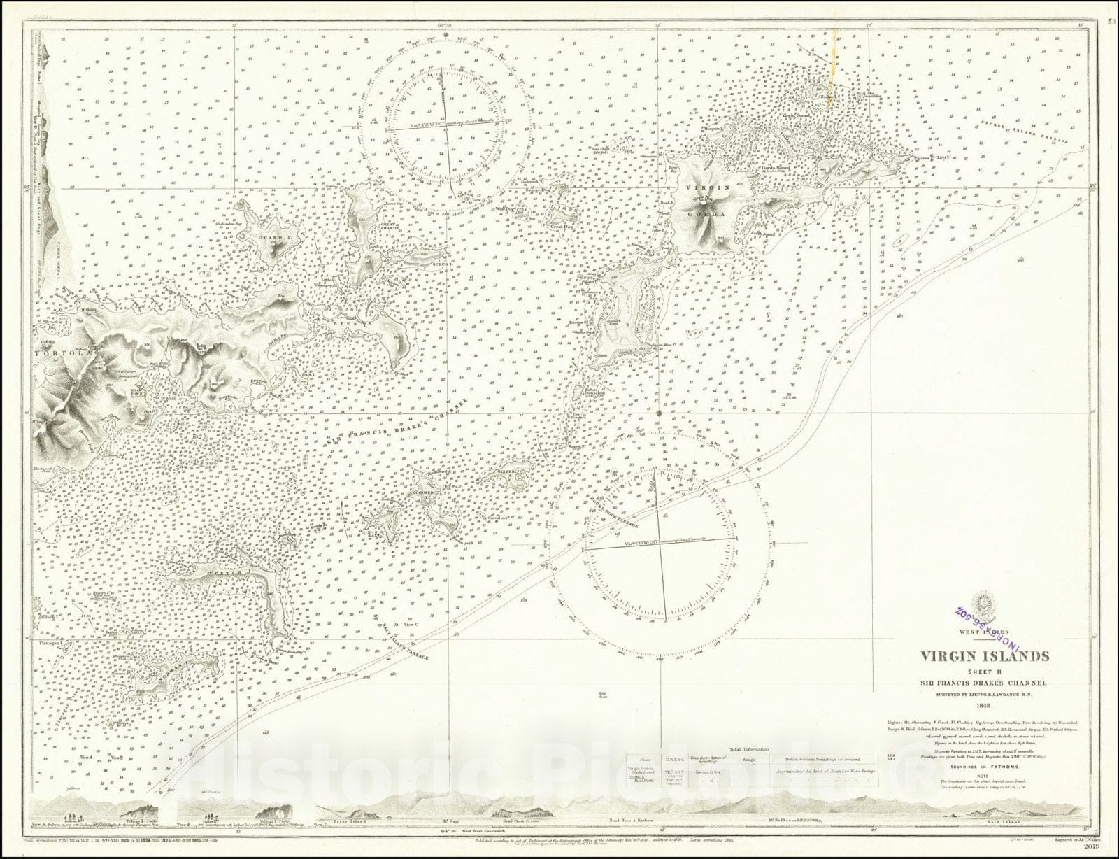 Historic Map : Virgin Islands Sheet II Sir Francis Drake's Channel Surveyed By Lieut. G.B. Lawrance R.N. 1848.,1861 (1926), Vintage Wall Art