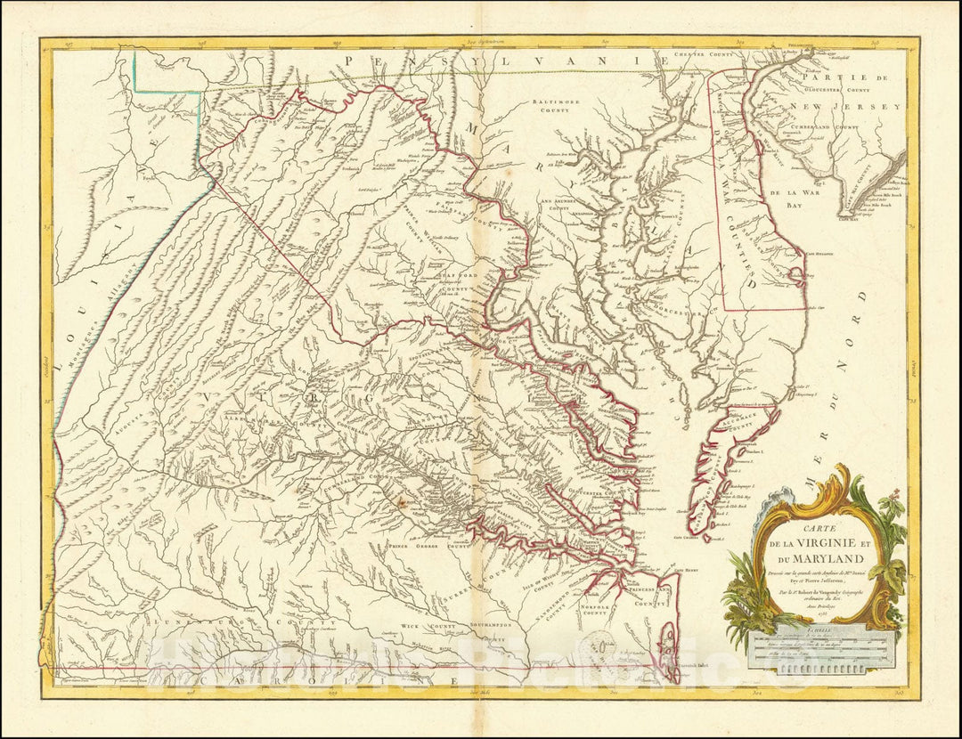 Historic Map : Carte de la Virginie et du Maryland Dressee sur la grande carte Angloise de Mrs. Josue Fry et Pierre Jefferson, 1755, First State, with Lord Fairfax Line Shown, 1755, Vintage Wall Art