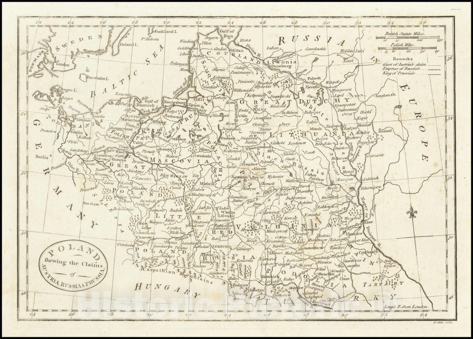 Historic Map : Poland shewing the Claims of Austria, Russia & Prussia, 1785, Vintage Wall Art