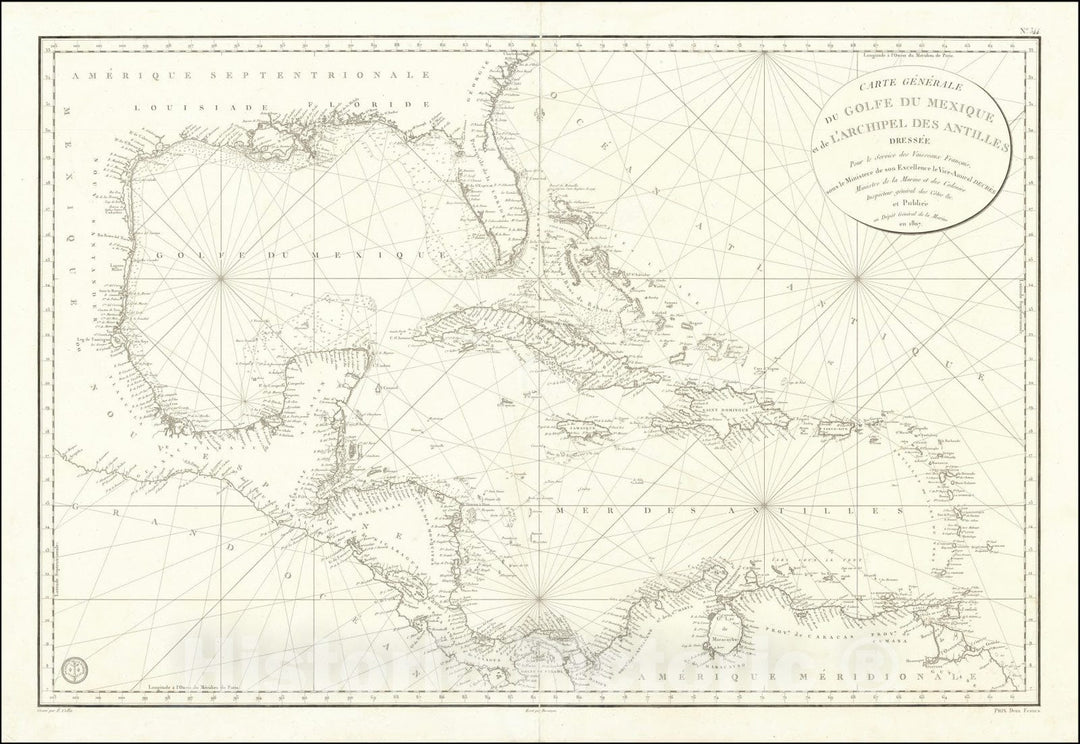 Historic Map : Carte Generale du Golfe du Mexique et de L'Archipel des Antilles,1807, 1807, Vintage Wall Art