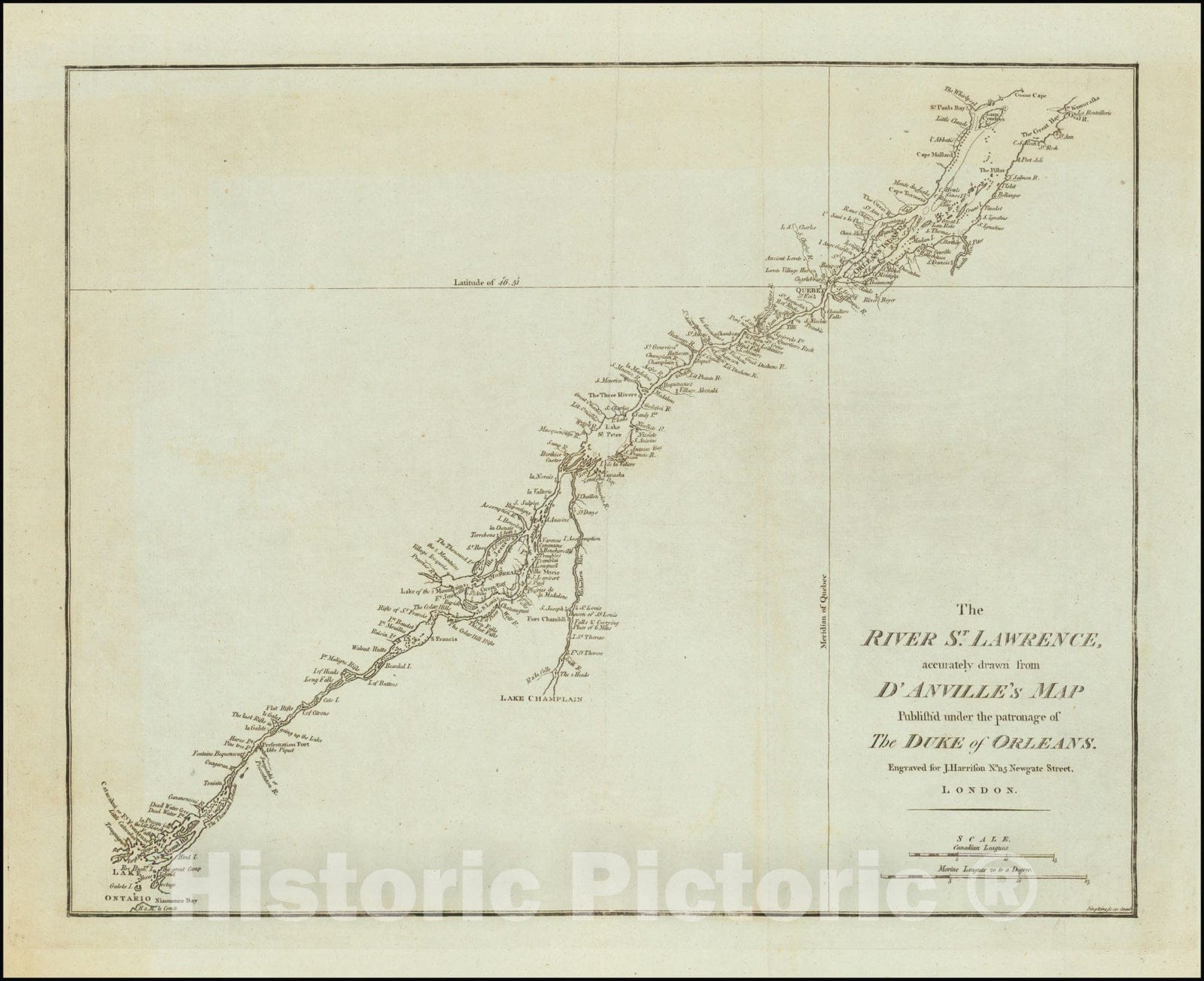 Historic Map : The River St. Lawrence, accurately drawn from D'Anville's Map Published under the patronage of The Duke of Orleans., 1794, Vintage Wall Art