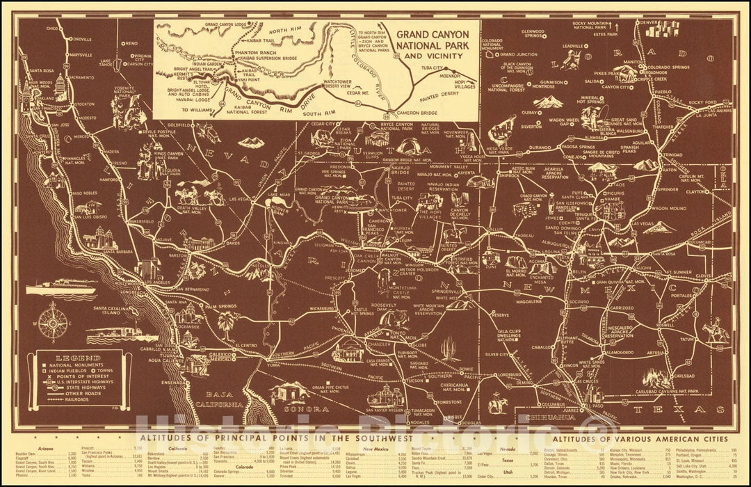 Historic Map : IllustratedGreat Southwest Including points of interest in New Mexico and Arizona and Key to Indian Symbols, 1958, Vintage Wall Art