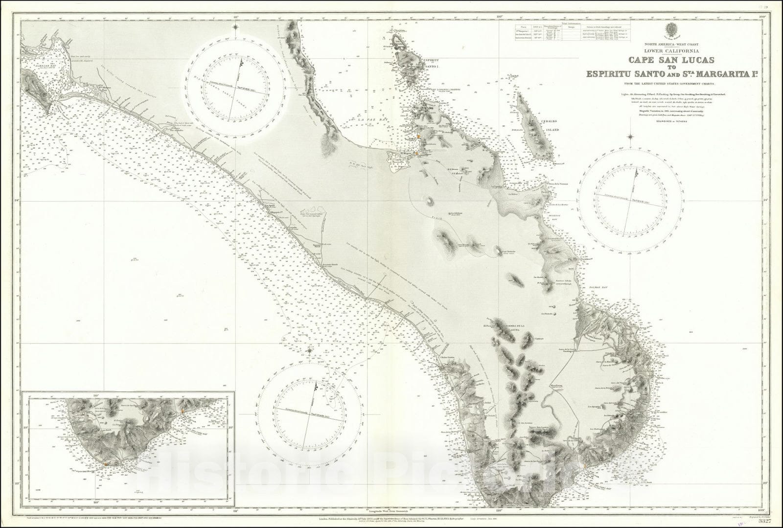 Historic Map : Cabo San Lucas -- Baja California,Cape San Lucas To Espiritu Santo and Sta. Margarita Is.,1903 (1926), Vintage Wall Art