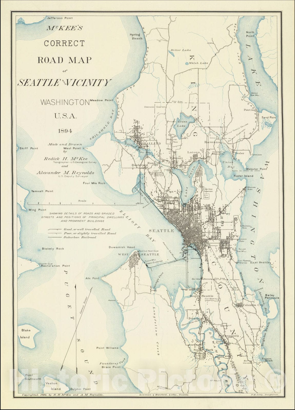 Historic Map : McKee's Correct Road Seattle and Vicinity Washington U.S.A., 1894, Vintage Wall Art