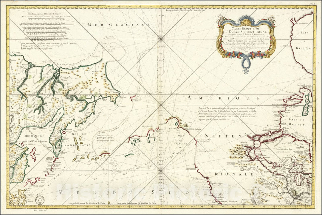 Historic Map : Carte Reduite De L'Ocean Septentrional compris entre l'Asie et l'AmeriqueSuivant les Decouvertes qui ont ete faites par les Russes, 1766, 1766, Vintage Wall Art