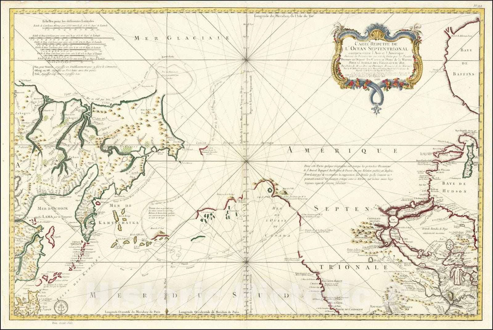 Historic Map : Carte Reduite De L'Ocean Septentrional compris entre l'Asie et l'AmeriqueSuivant les Decouvertes qui ont ete faites par les Russes, 1766, 1766, Vintage Wall Art