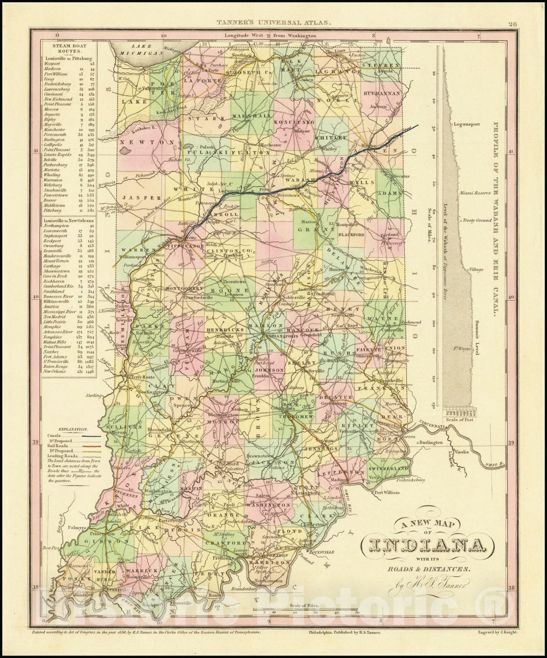 Historic Map : A New Indiana with its Roads & Distances.by H.S. Tanner, 1836, Vintage Wall Art