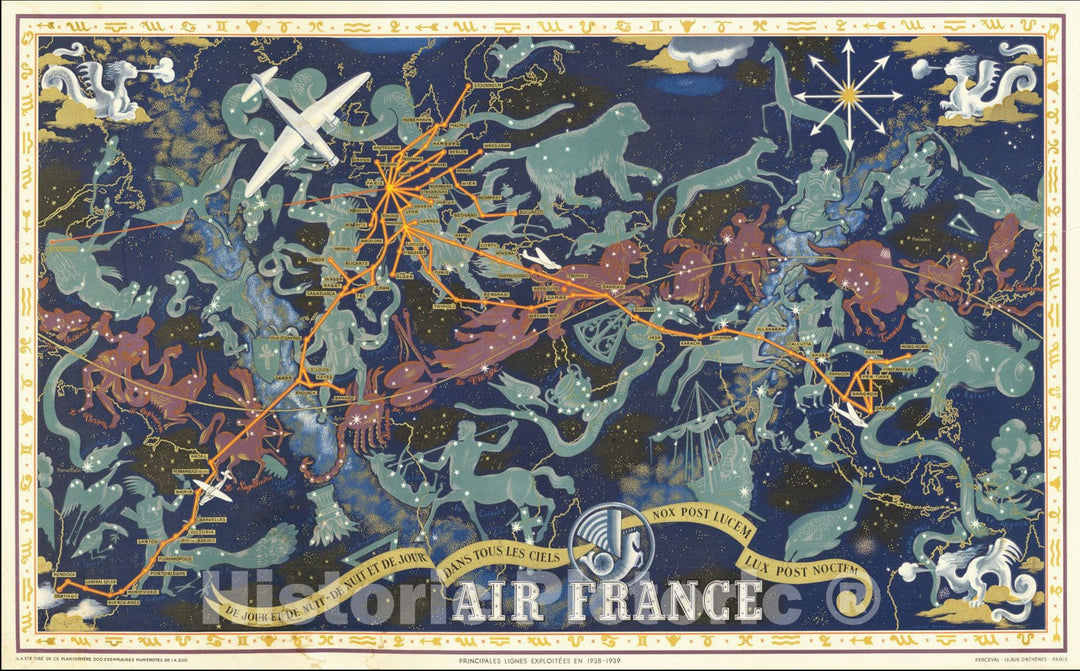 Historic Map : Air France, de Jour et de Nuit, de Nuit et de Jour dans tous les Ciels. Nox Post Lucem Lux Post Noctem., 1938, Vintage Wall Art