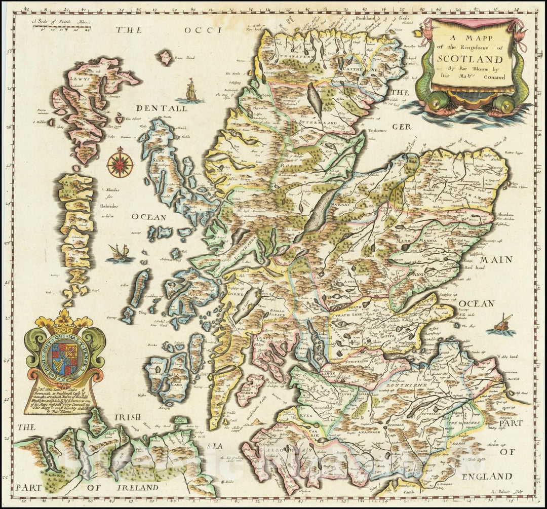 Historic Map : A Mapp of the Kingdome of Scotland by Ric Blome by his Matys. Command, 1670, Vintage Wall Art