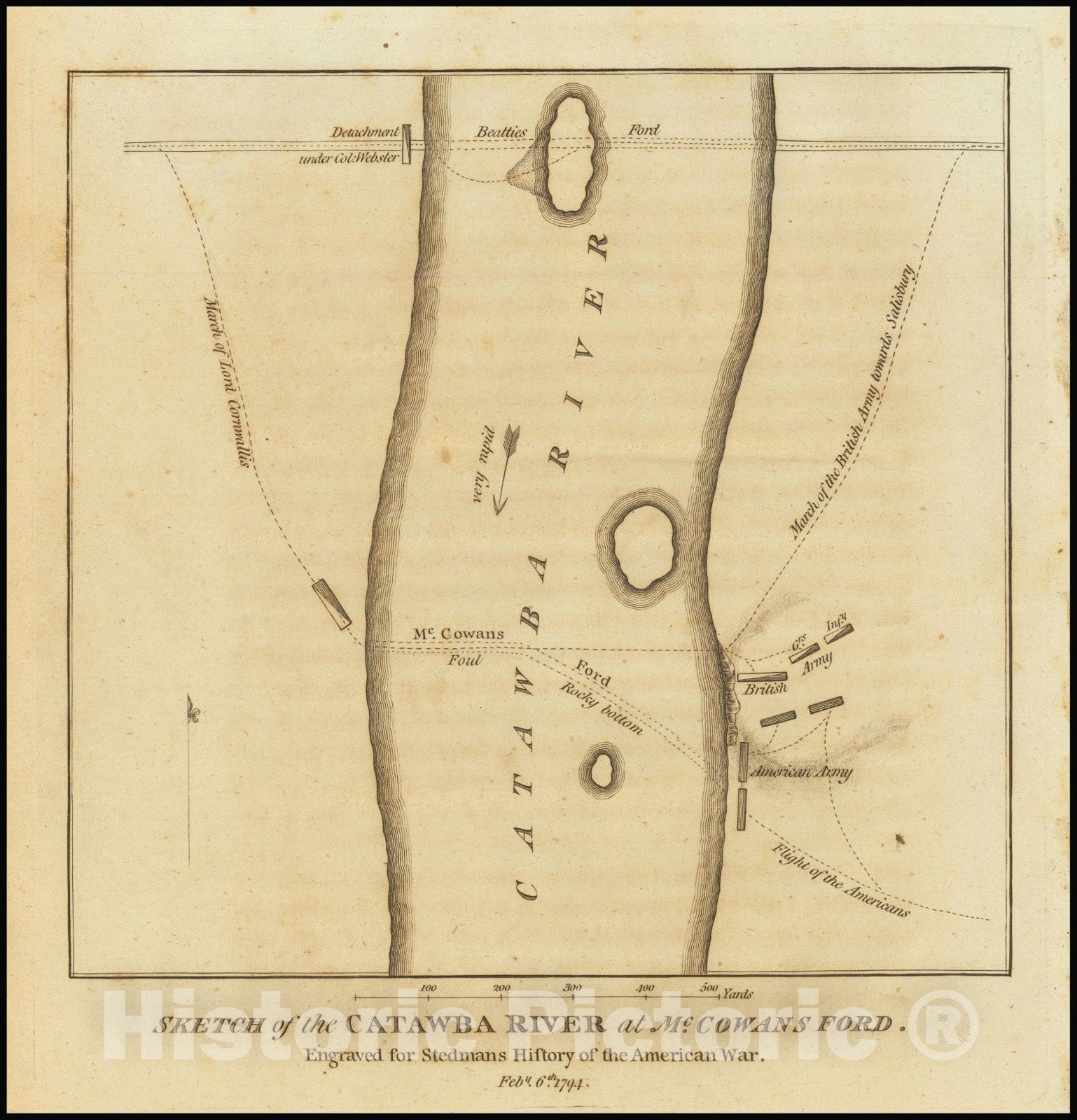 Historic Map : Sketch of the Catawba River at McCowan's Ford, Cowan's Ford, North Carolina, 1794, Vintage Wall Art