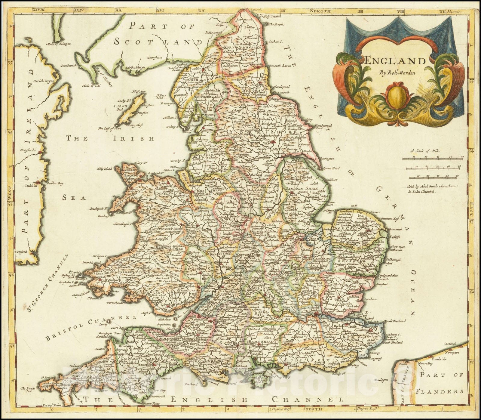 Historic Map : England By Rob't Morden, 1695, Vintage Wall Art