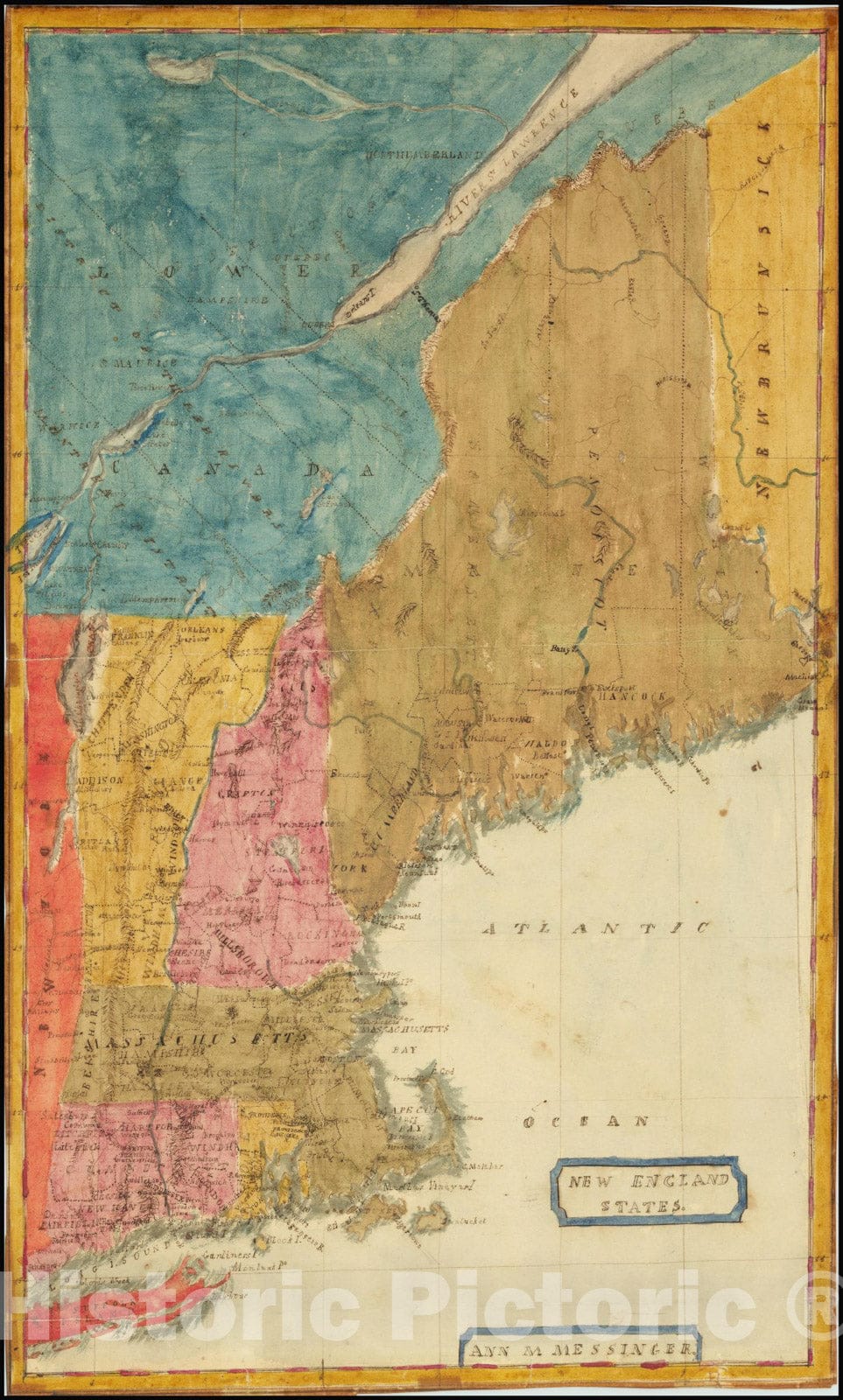 Historic Map : Hand Drawn School Girl Map,New England States, 1830, Vintage Wall Art