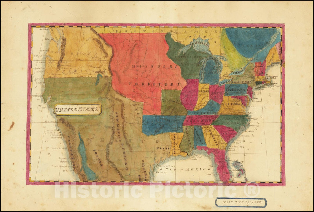 Historic Map : Hand Drawn School Girl Map,United States, 1830, Vintage Wall Art