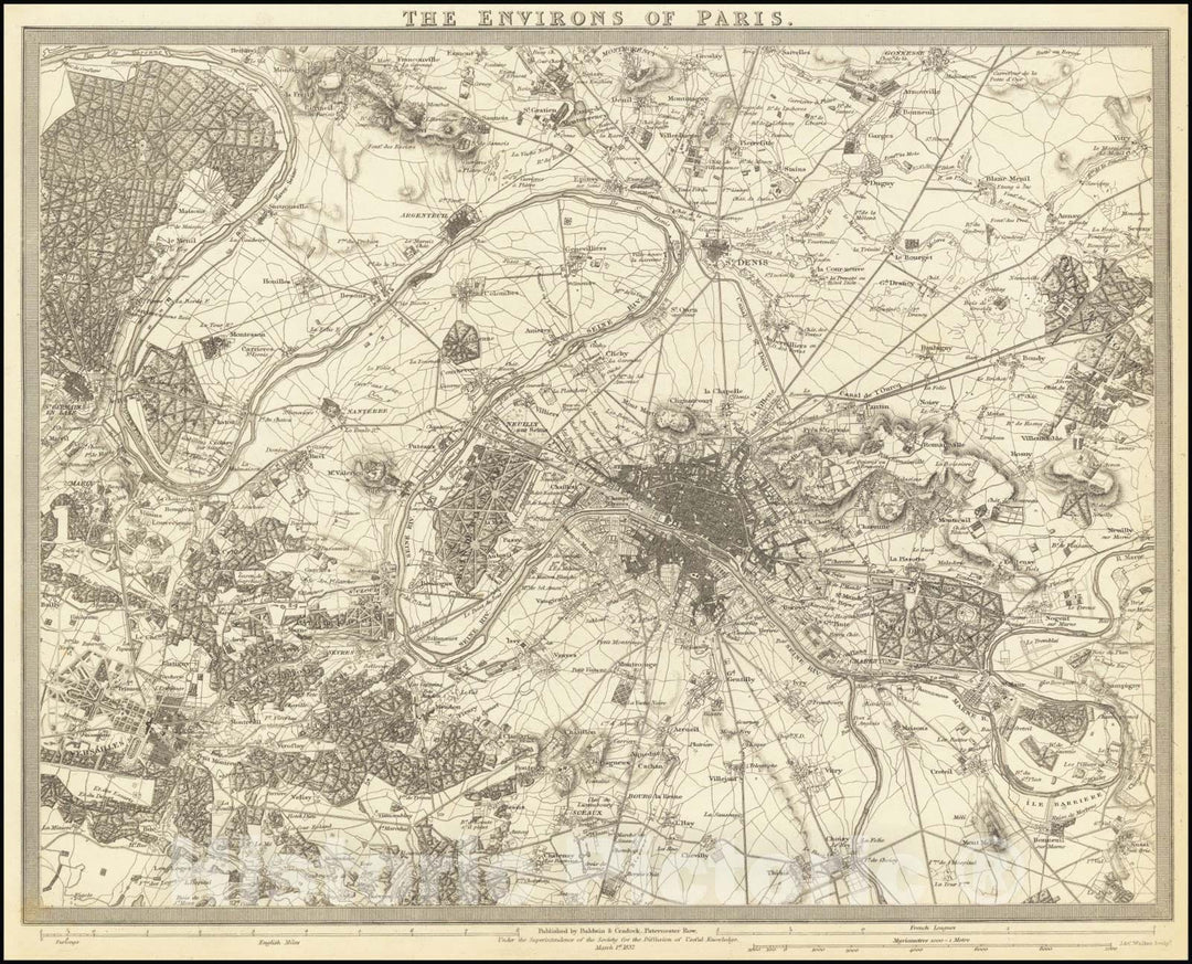 Historic Map : The Environs of Paris, 1832, Vintage Wall Art