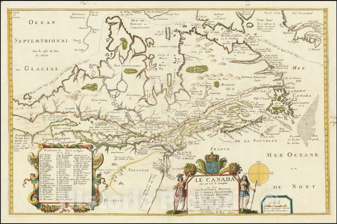 Historic Map : Le Canada faict par le Sr. de Champlain.ou sont La Nouvelle France, La Nouvelle Angleterre, La Nouvelle Holande, La Nouvelle Suede, La Virginie &c,1677, 1677, Vintage Wall Art