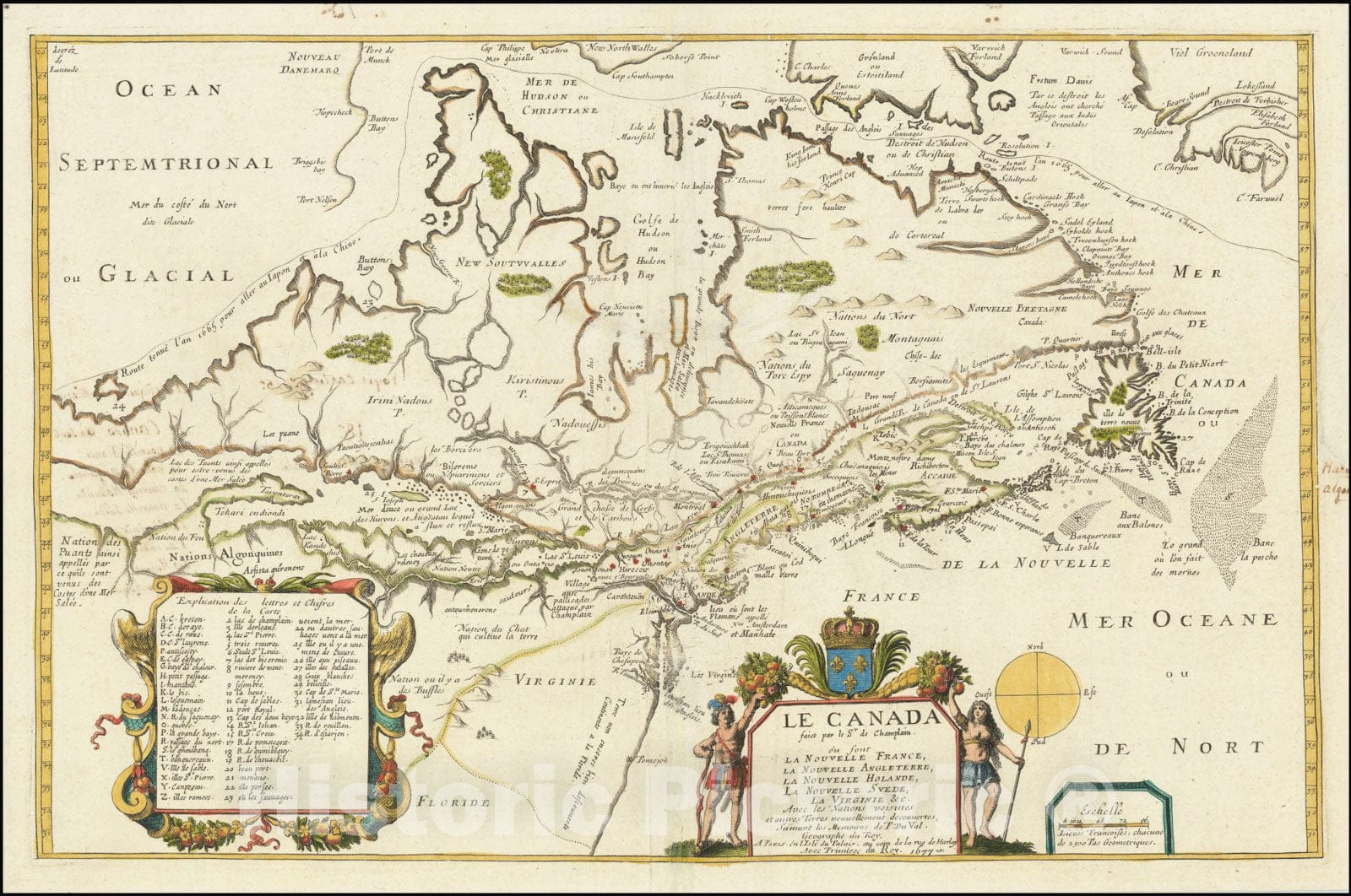 Historic Map : Le Canada faict par le Sr. de Champlain.ou sont La Nouvelle France, La Nouvelle Angleterre, La Nouvelle Holande, La Nouvelle Suede, La Virginie &c,1677, 1677, Vintage Wall Art