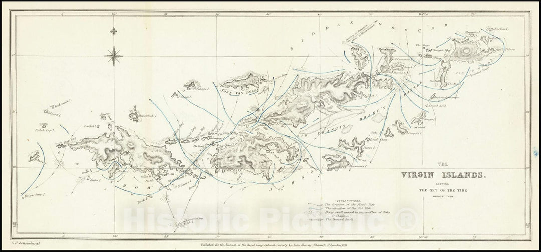 Historic Map : The Virgin Islands.Shewing The Set of the Tide Amongst Them., 1835, Vintage Wall Art