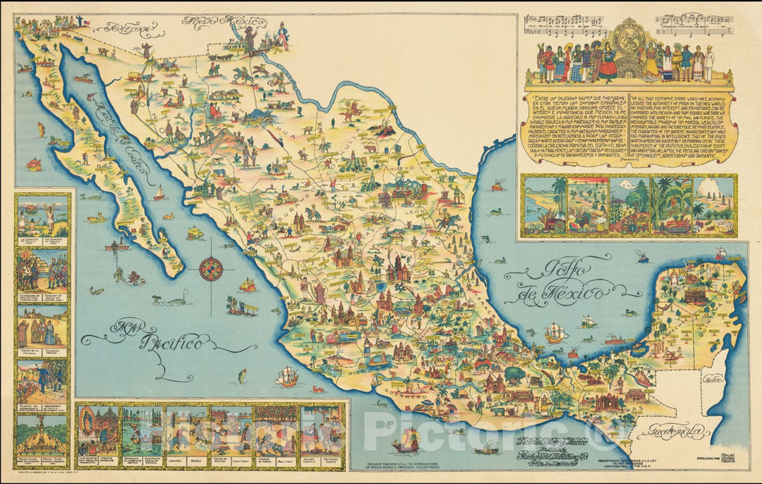 Historic Map : Pictorial Mexico, 1950, Vintage Wall Art