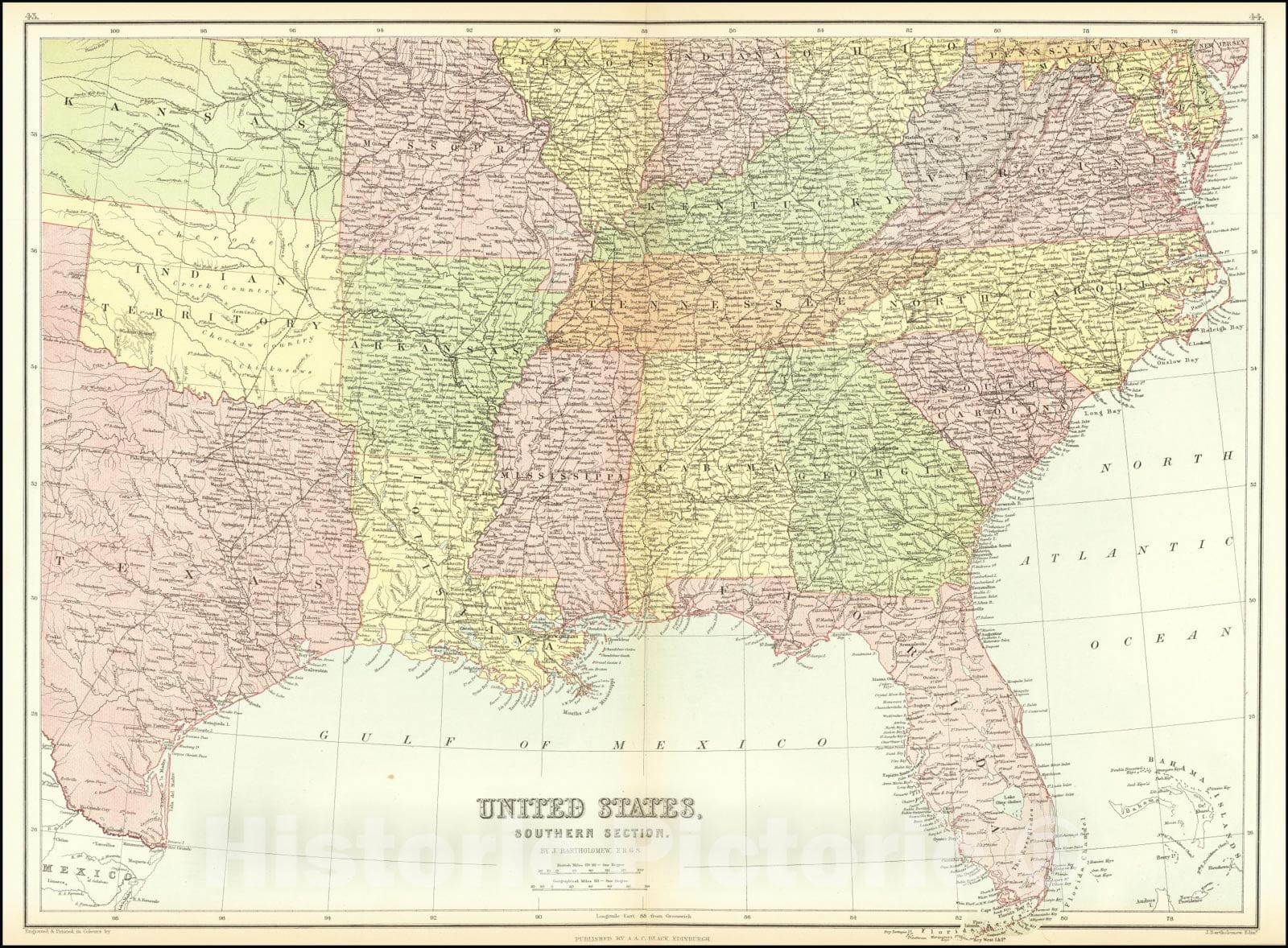 Historic Map : United States, Southern Section, 1865, Vintage Wall Art