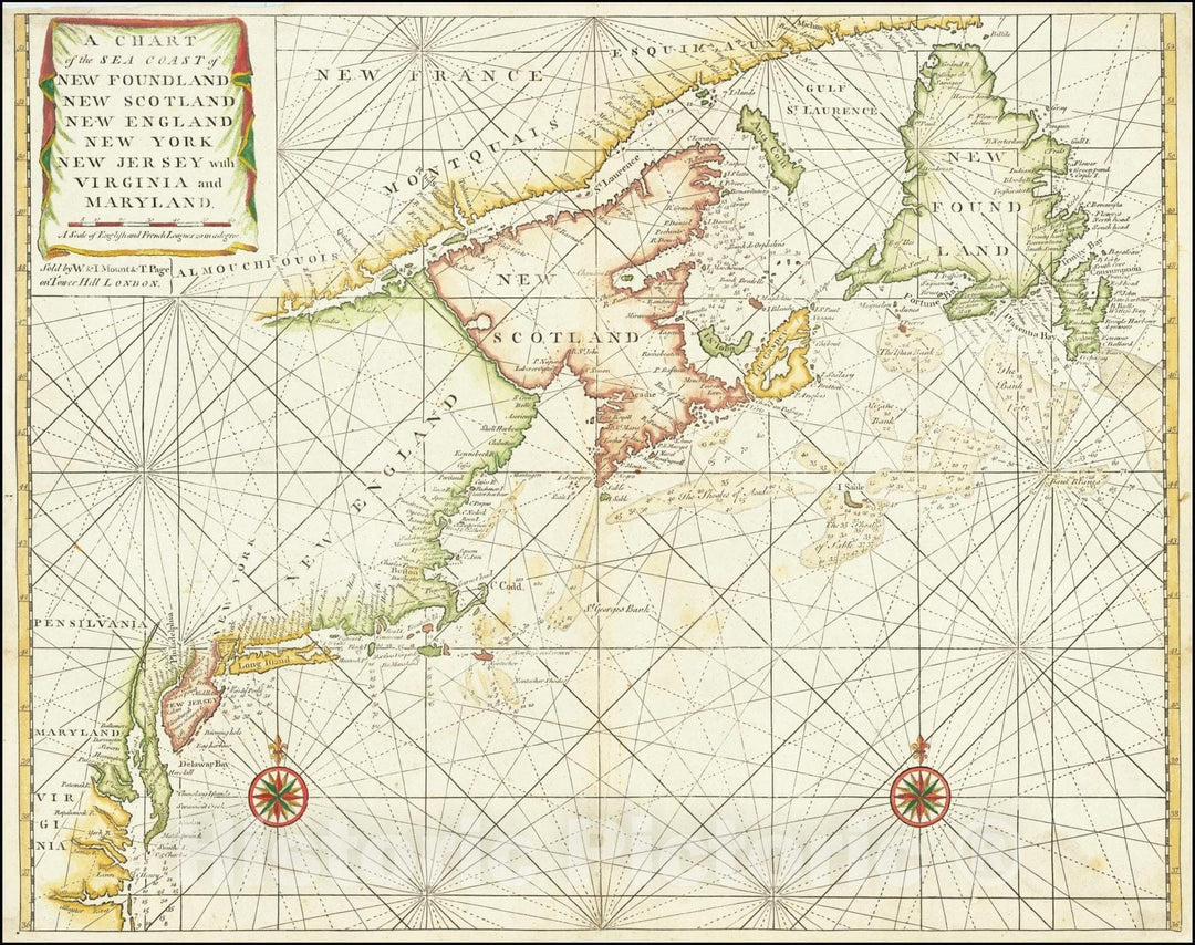 Historic Map : A Chart of the Sea Coast of New Foundland, New Scotland, New England, New York New Jersey with Virginia and Maryland, 1732, Vintage Wall Art