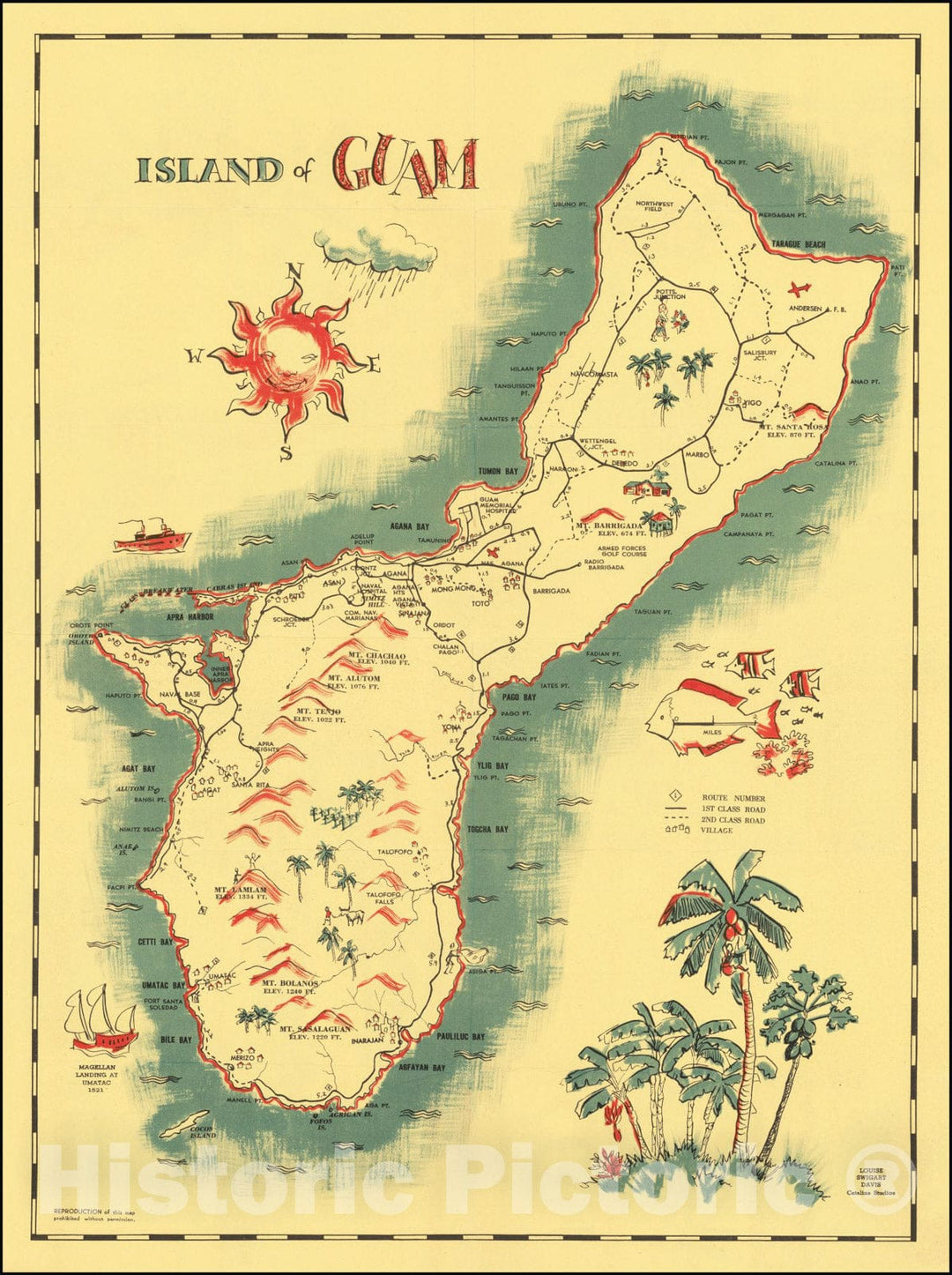 Historic Map : Pictorial and Road Guam, 1950, Vintage Wall Art