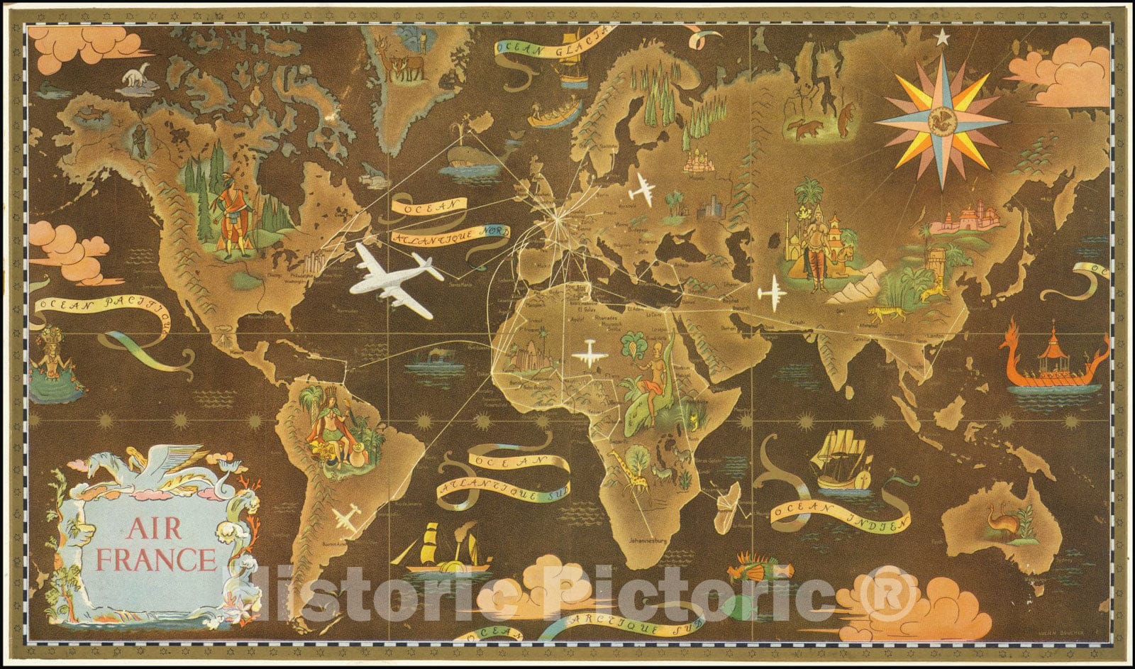 Historic Map : World, Air France , 1948, Vintage Wall Art