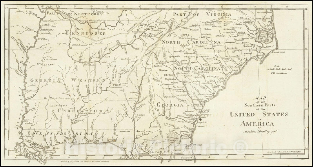 Historic Map : Southern Parts of the United States of America By Abraham Bradley Junr., 1797, Vintage Wall Art