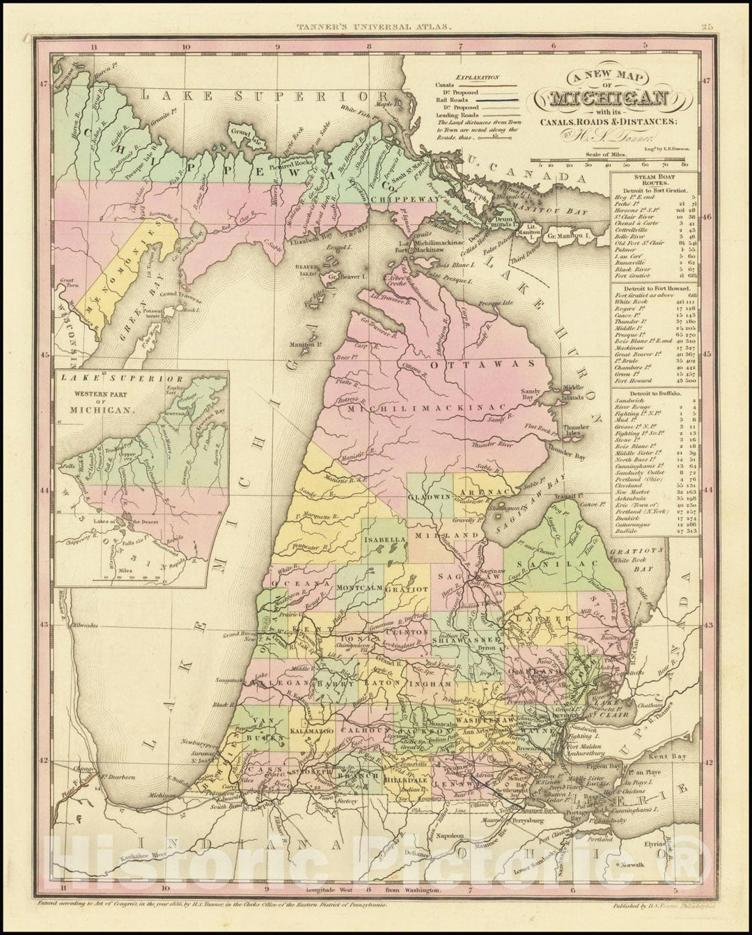 Historic Map : Michigan Territory,A New Map of Michigan with its Canals, Roads & Distances by H.S. Tanner, 1836, Vintage Wall Art