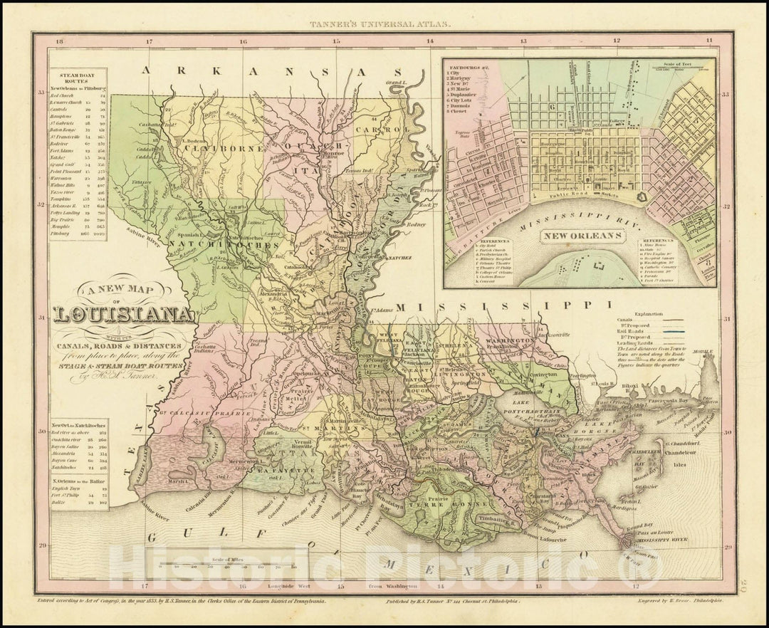 Historic Map : A New Louisiana with its Canals, Roads & Distances.H.S. Tanner., inset New Orleans, 1836, Vintage Wall Art