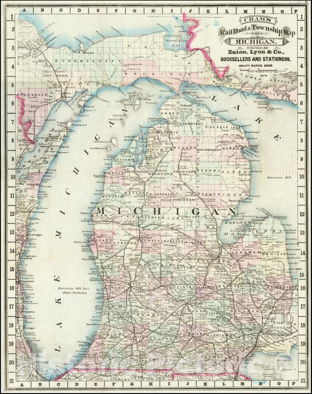 Historic Map : Cram's Rail Road & Township Michigan. Published By Geo. F. Cram Proprietor of the Western Map Depot, 1879, 1879, Vintage Wall Art