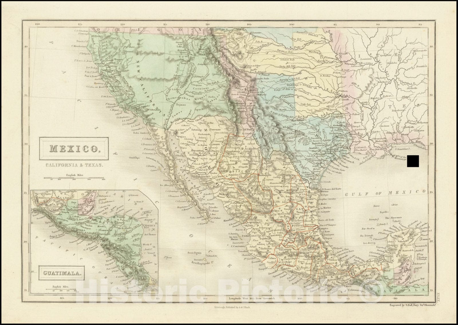 Historic Map : Mexico, California & Texas , 1848, Vintage Wall Art