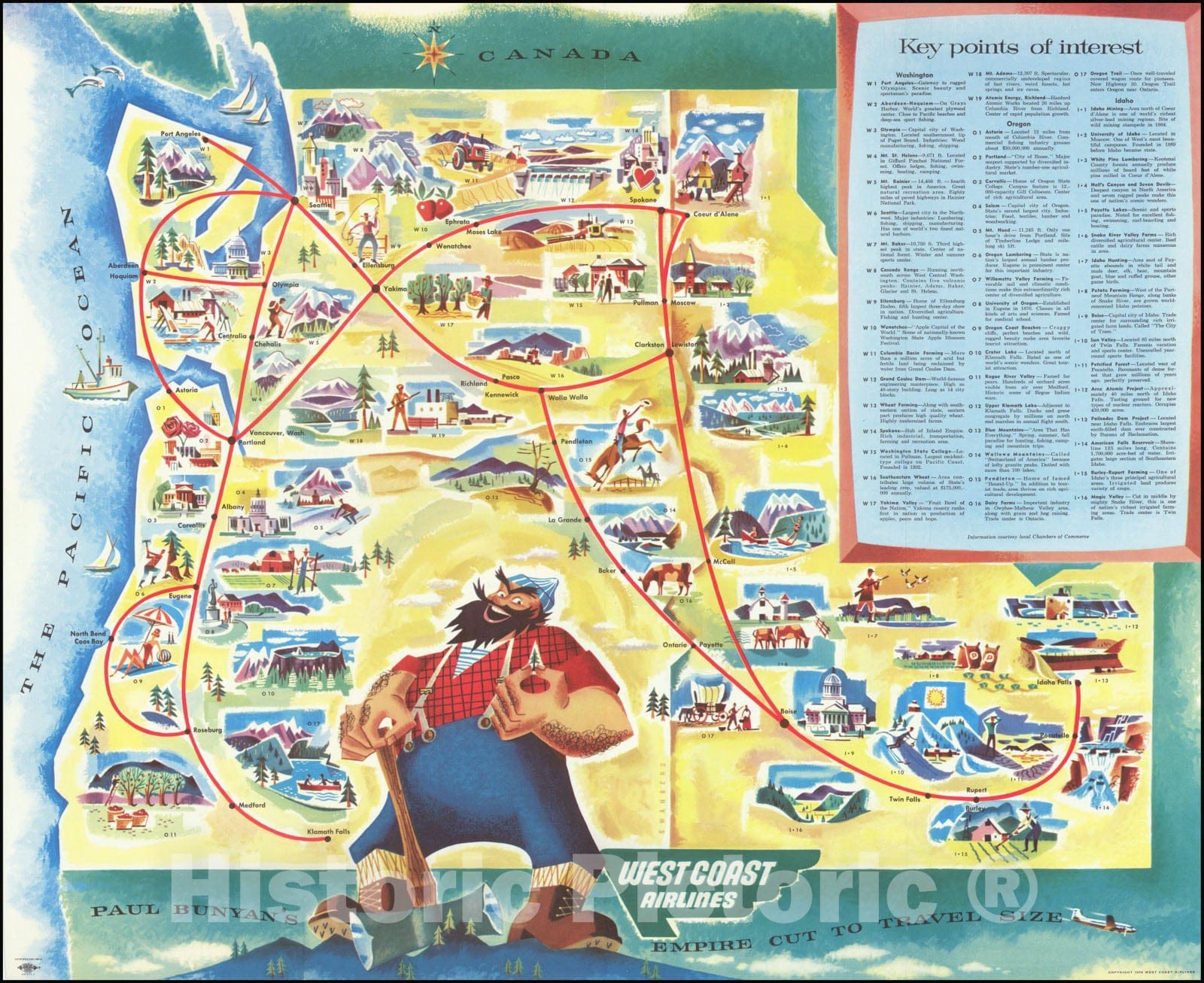 Historic Map : Pictorial Map of Washington, Oregon, and Idaho,Paul Bunyan's Empire Cut to Travel Size, 1954, Vintage Wall Art