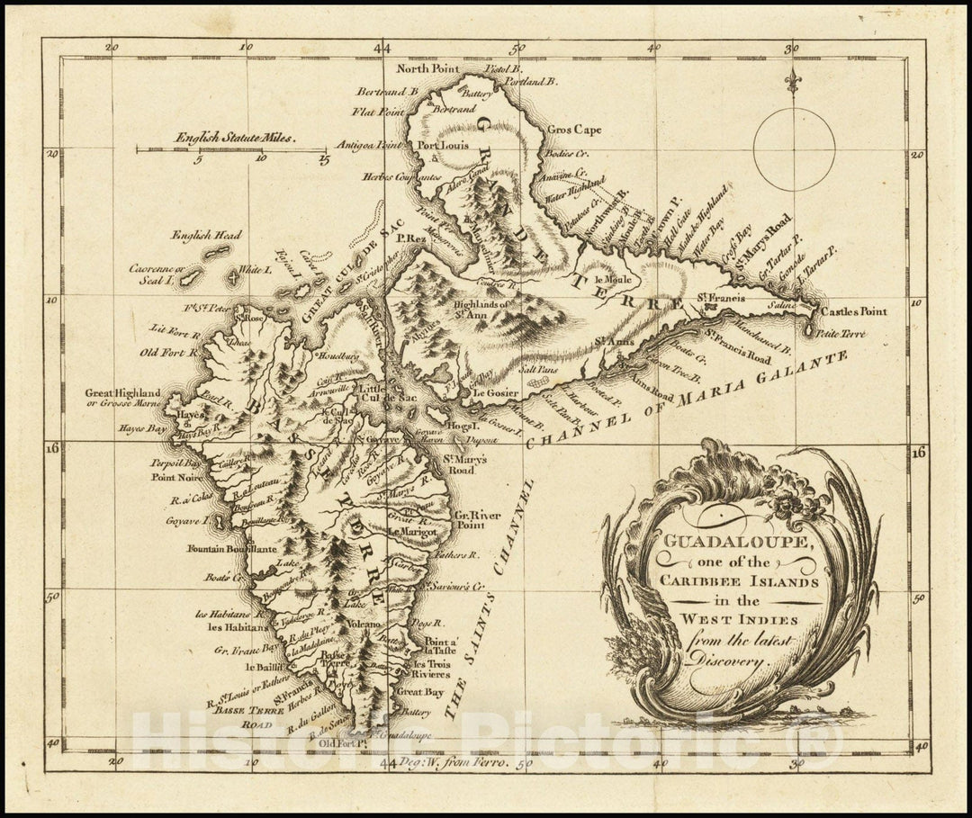 Historic Map : A Guadaloupe one of the Caribbee Islands in the West Indies Subject to France, 1759, Vintage Wall Art