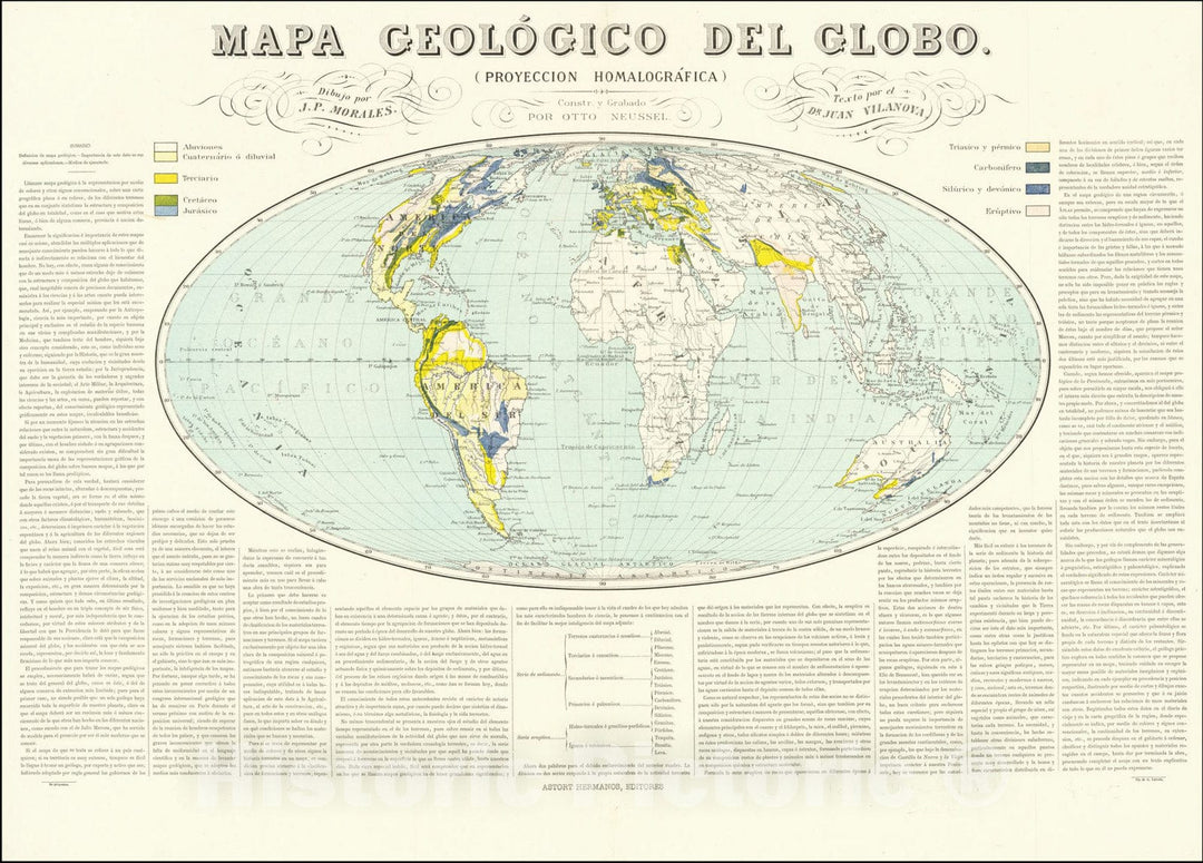 Historic Map : Mapa Geologico Del Globo , Proyeccion Homalografica, 1880, Vintage Wall Art