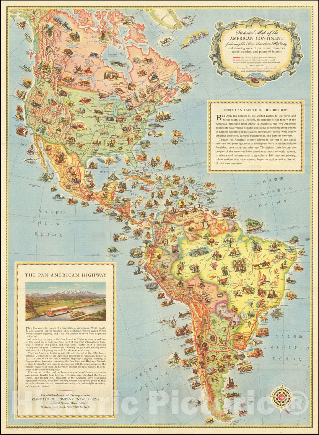 Historic Map : Pictorial American Continent featuring the Pan American Highway and showing some of the natural resources, scenic wonders, and points of interest, 1943, Vintage Wall Art