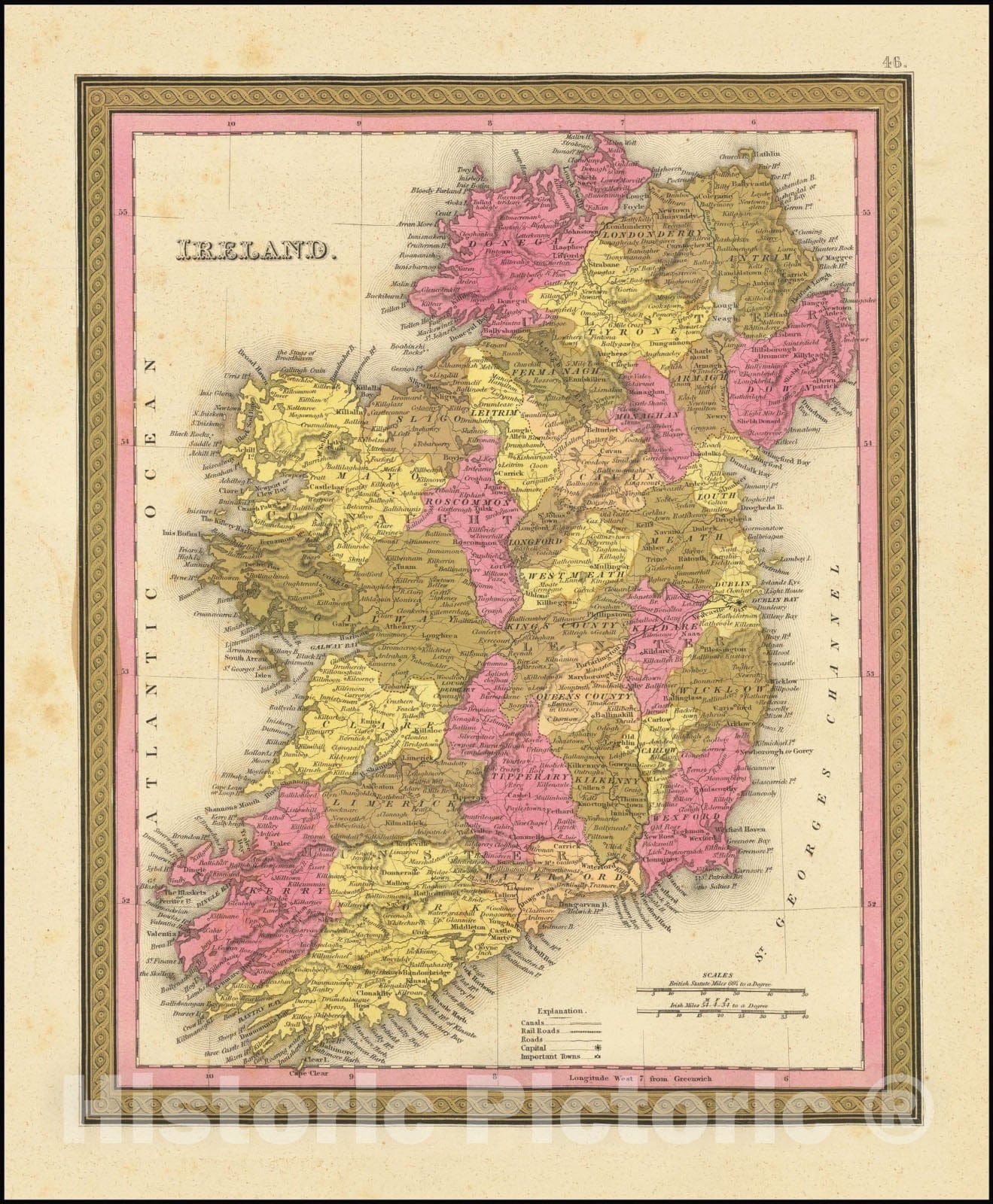 Historic Map : Ireland, 1847, Vintage Wall Art