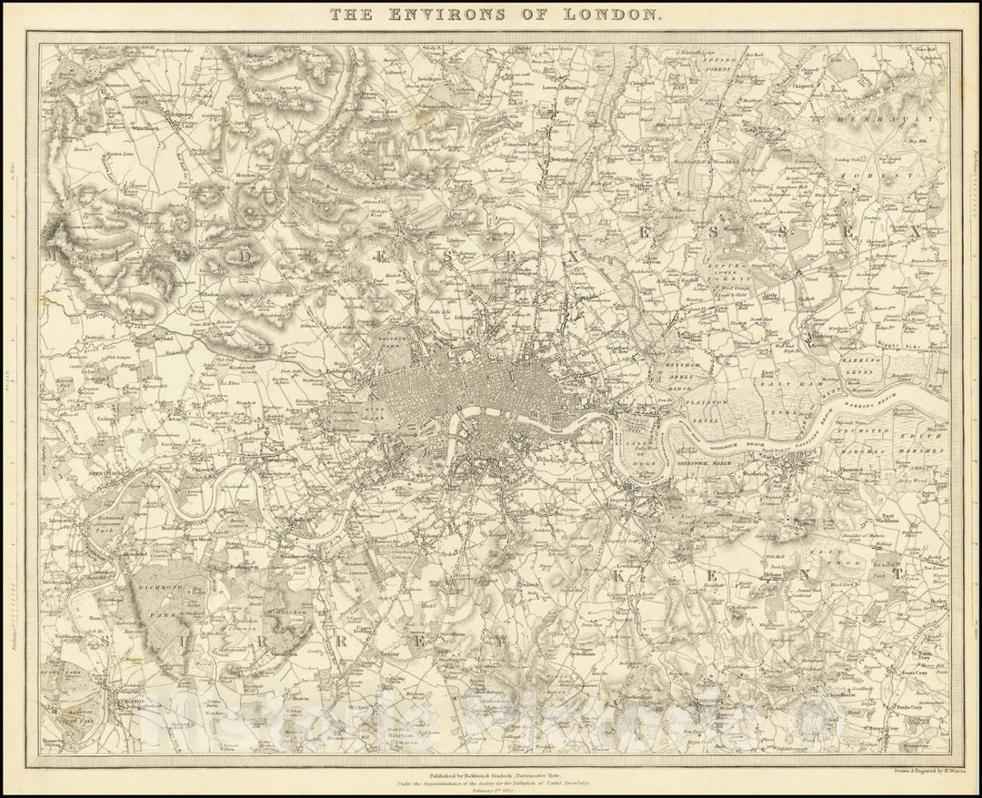 Historic Map : The Environs of London, 1832, Vintage Wall Art