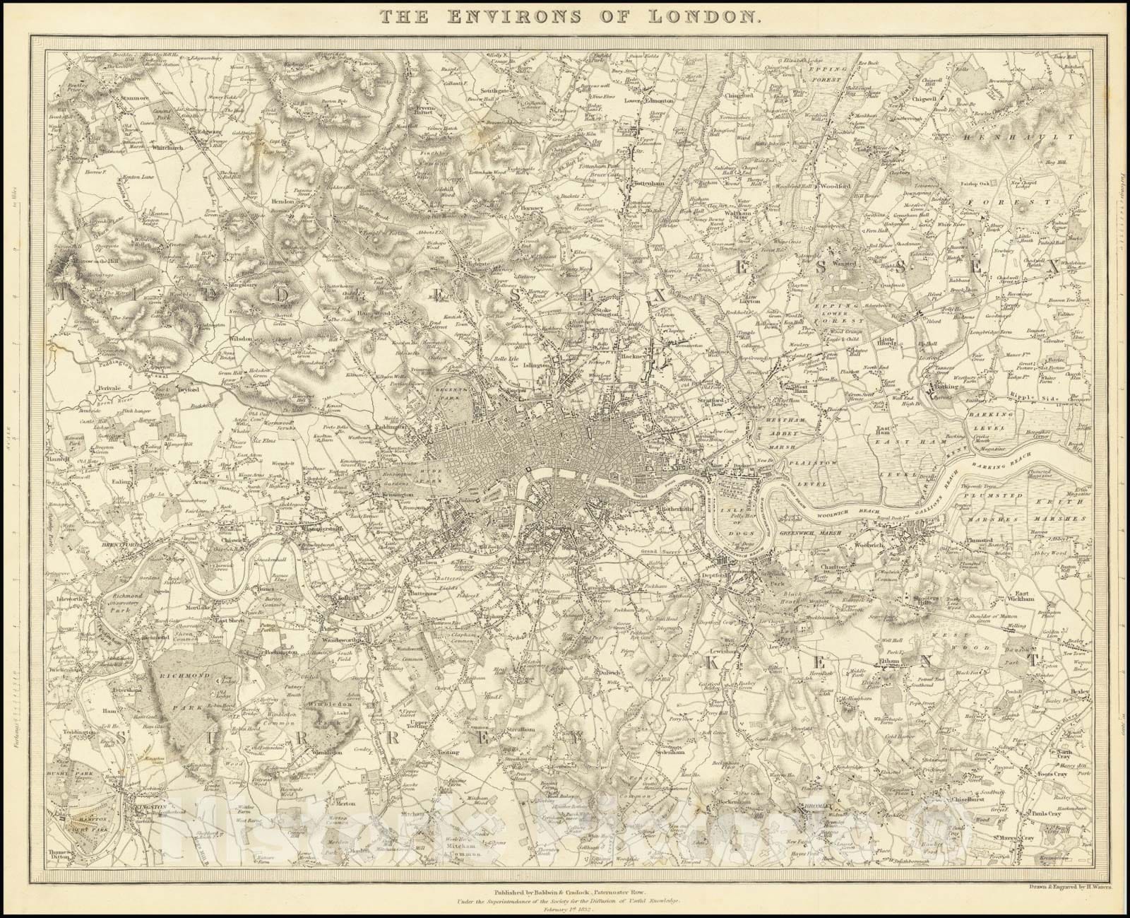 Historic Map : The Environs of London, 1832, Vintage Wall Art