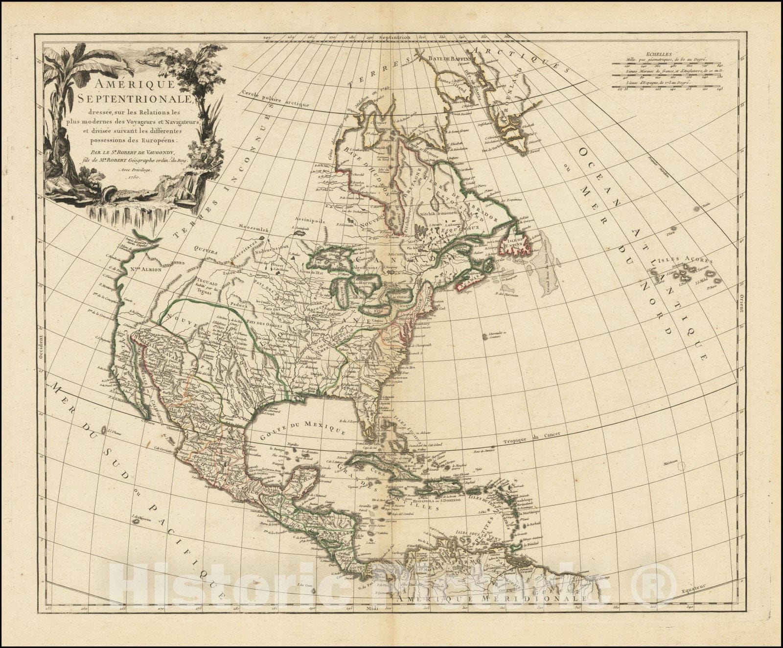 Historic Map : Amerique Septenrionale dressee sur les Relations les plus modernes des Voyageurs et Navigateurs et divisee suivant les differentets possessions des Europeens, 1750, 1750, Vintage Wall Art